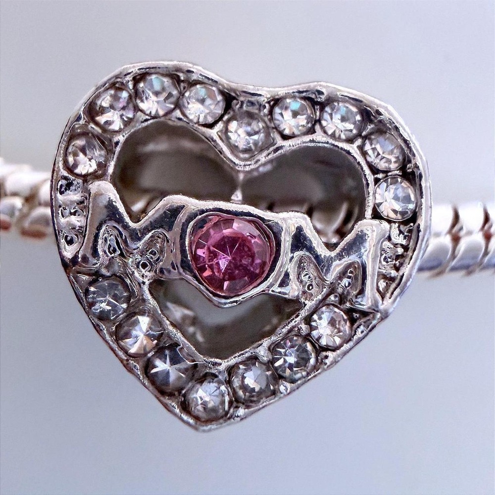 Pandora-like Bead Charm Fits Snake Chain Bracelet Mom Heart Pink Crystal Sparkle